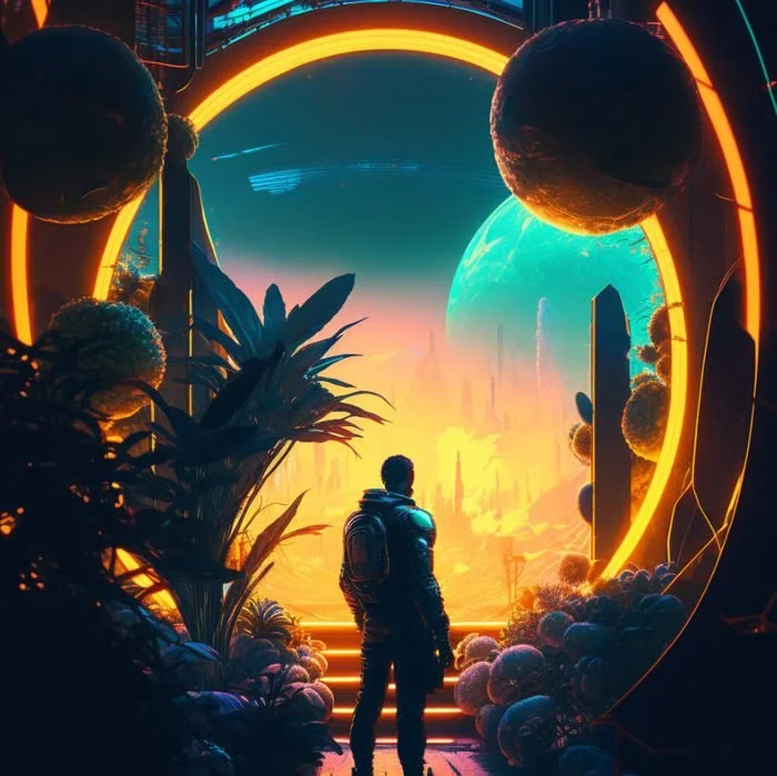 A person standing in front of a large futuristic portal showing a sci-fi landscape with planets and a city in the distance, surrounded by lush alien plants and glowing elements.
