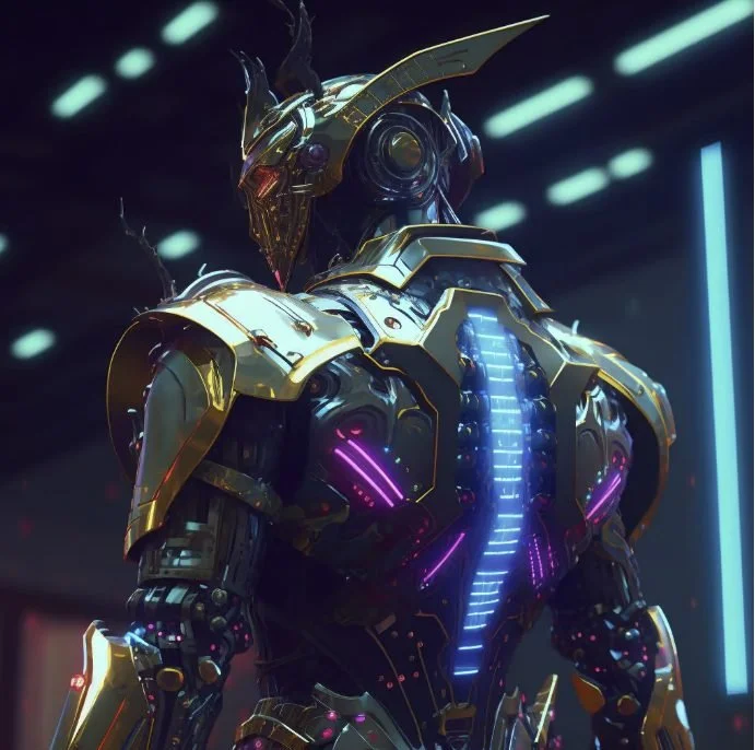 Futuristic humanoid robot with glowing lights, metallic armor, and a dragon-like helmet in a sci-fi setting.