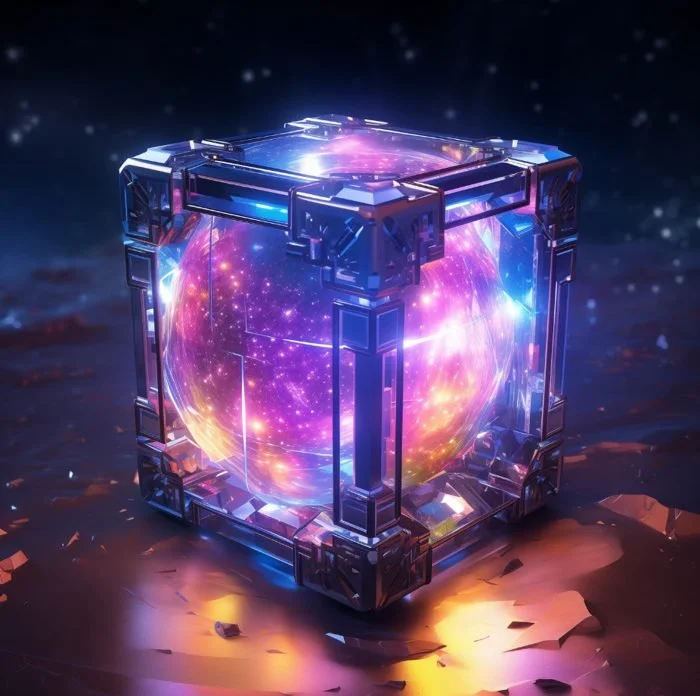 A futuristic, glowing cube with a swirling galaxy inside, surrounded by a metallic frame and set on a glowing surface in space.