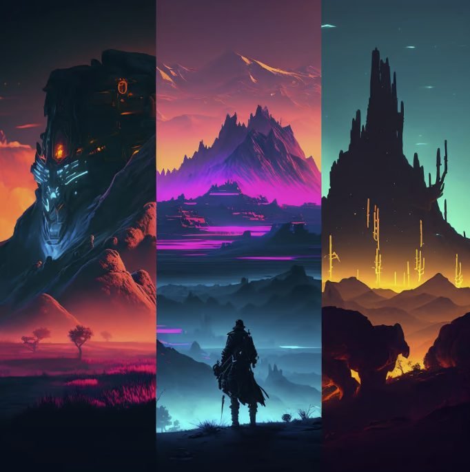 A digital collage of three fantasy landscapes with vibrant colors and dramatic scenery.