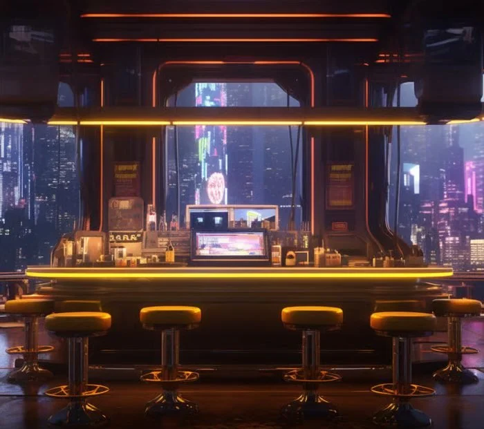 A futuristic bar with a neon-lit cityscape visible through large windows in the background, featuring a sleek counter with stools and a central display, illuminated by warm yellow or orange lighting.