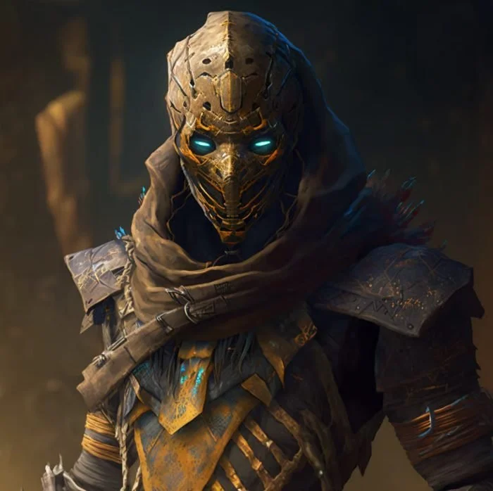 A futuristic warrior wearing a metallic mask with glowing blue eyes and a dark hooded cloak, set against a dark background.