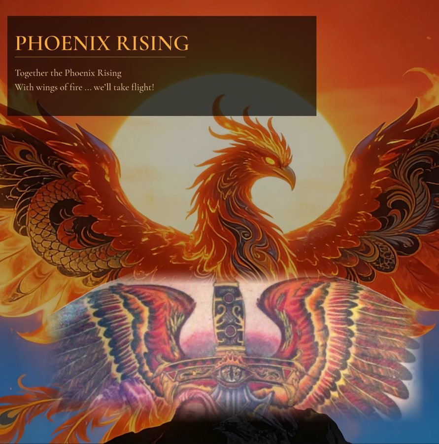 An illustration of a fiery phoenix rising against the sun, with the text "PHOENIX RISING" and a quote about taking flight with wings of fire.