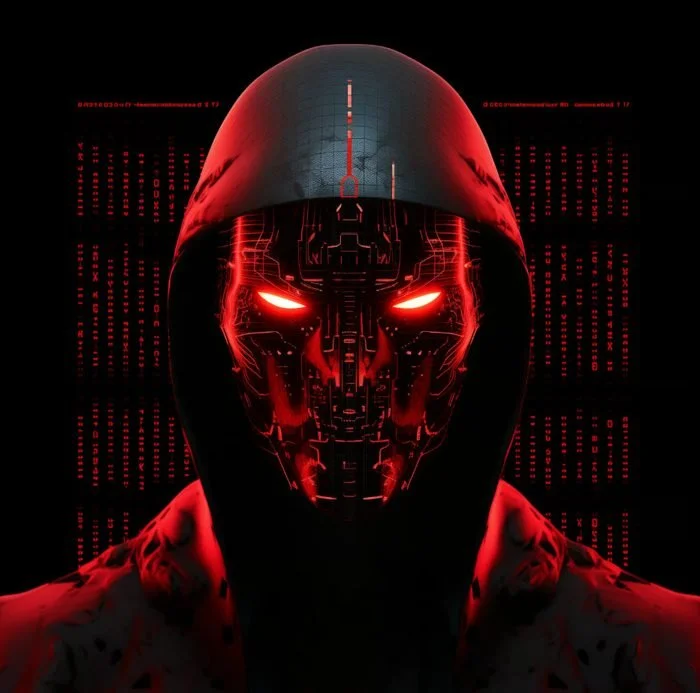 A dark, menacing figure with a hood and glowing red eyes, featuring a futuristic, robotic face design with red and black digital patterns in the background.
