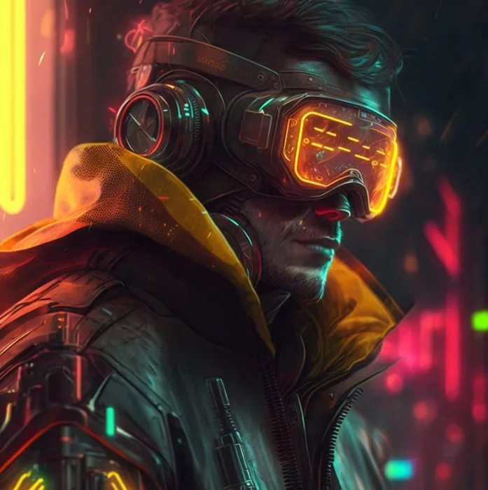 A futuristic cyberpunk-themed character wearing a high-tech visor with orange glowing display and a yellow jacket in a neon-lit cityscape at night.