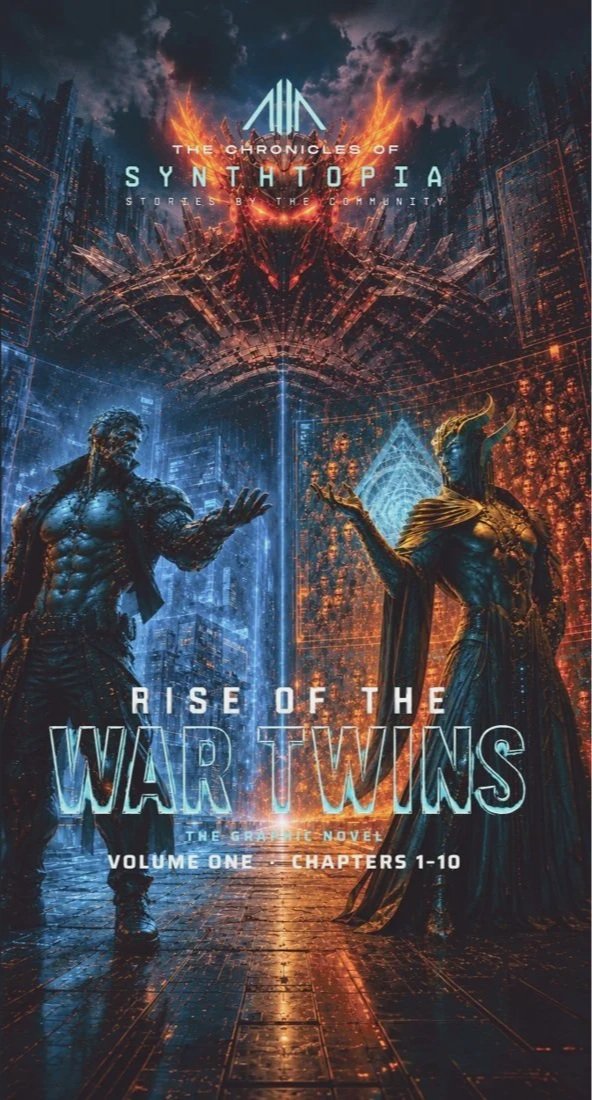 Cover art for the graphic novel 'Rise of the War Twins' from 'The Chronicles of Syntopia' series, featuring two futuristic characters with a city background and a dark, fiery sky.