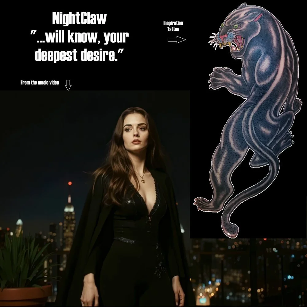 A woman standing outdoors at night in front of a city skyline with lit buildings, next to a large illustration of a tiger tattoo, with text quoting 'NightClaw' and a caption indicating inspiration for the tattoo and music video reference.