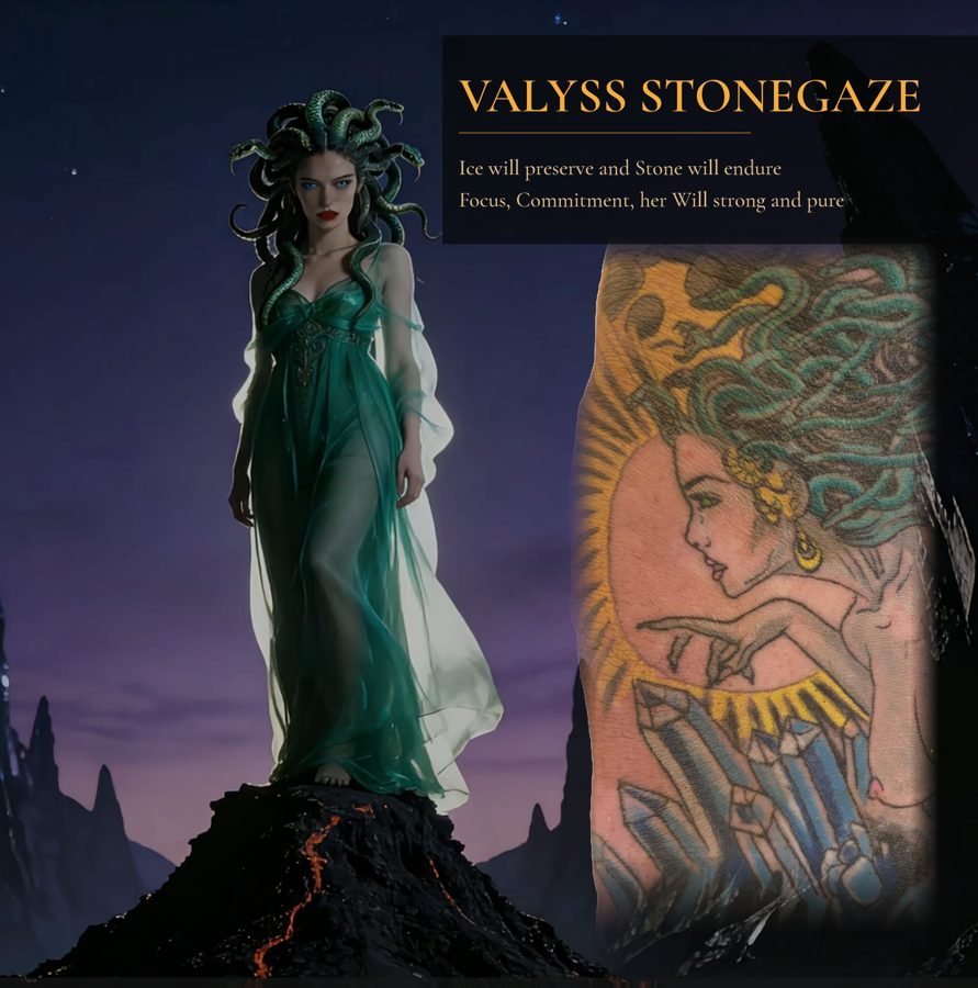 Digital art of Medusa with snake hair, dressed in a flowing green gown, with a tattoo of her profile on a person’s arm, and a dark mountainous landscape in the background.