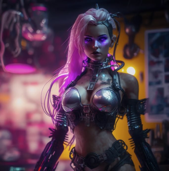 A woman dressed in a futuristic cyberpunk outfit with metallic armor, neon purple and pink lighting, and a dark background with electronics and posters.