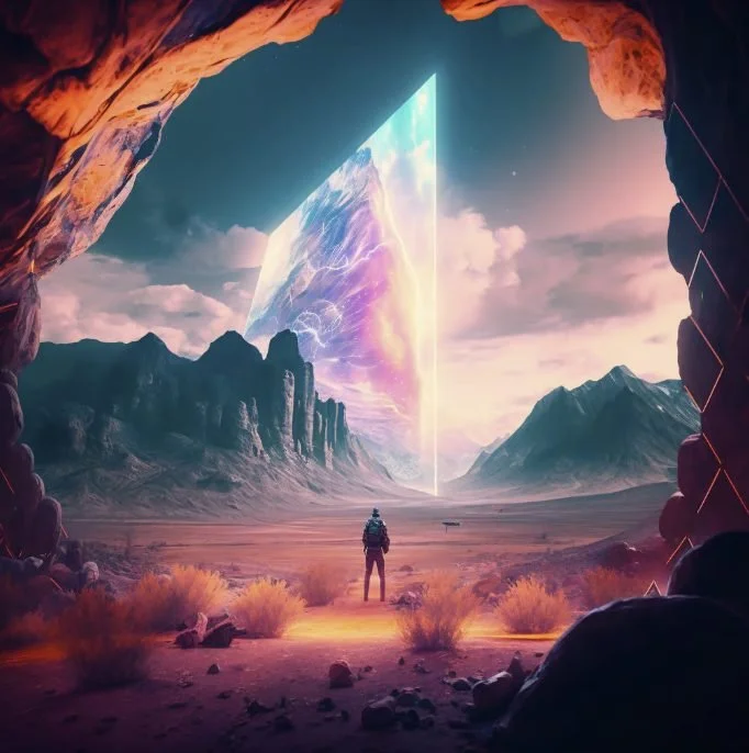 A person standing in front of a large, glowing, alien-like portal in a mountainous desert landscape with rocky formations and colorful sky.