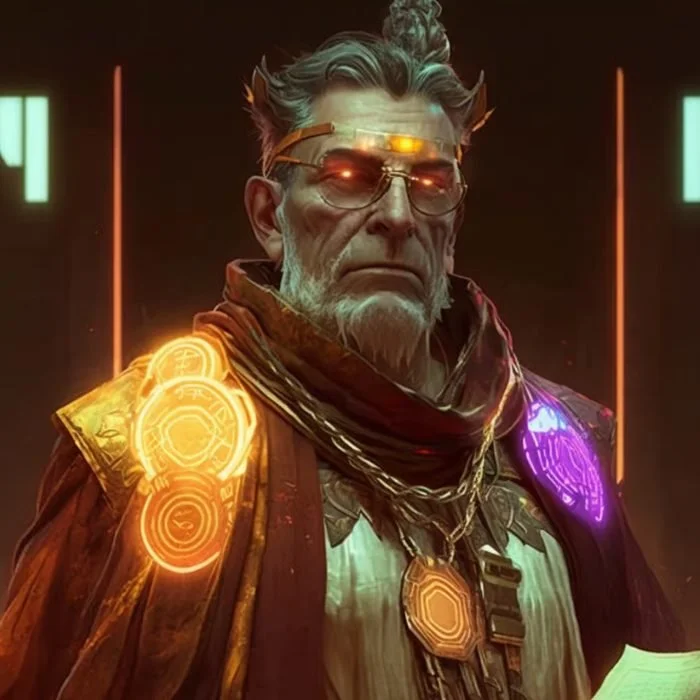 A futuristic character with glowing accessories and glasses, wearing a cloak and holding a document or tablet.