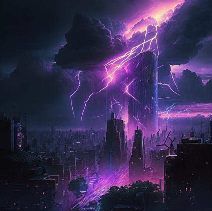 A futuristic cityscape during a thunderstorm with lightning illuminating dark clouds, tall skyscrapers, and neon lighting in purple and pink hues.