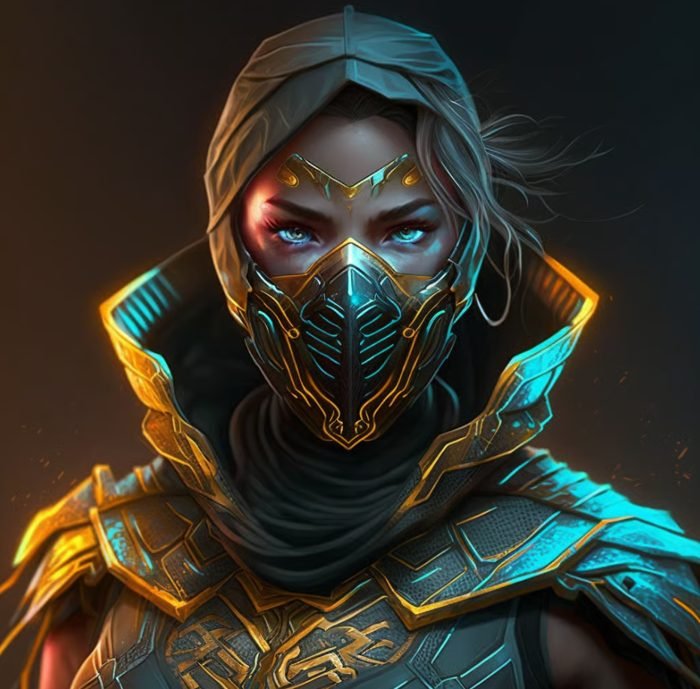 Digital art of a futuristic warrior woman wearing a high-tech mask and armor with glowing blue and orange highlights, hooded with piercing blue eyes.