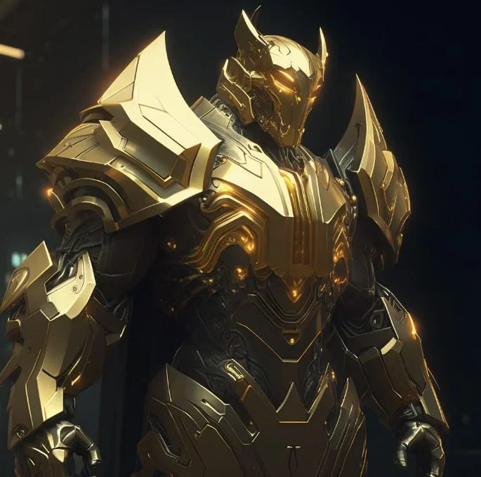 A futuristic armored robot suit with gold and black plating, featuring sharp shoulder armor and a helmet with horns.