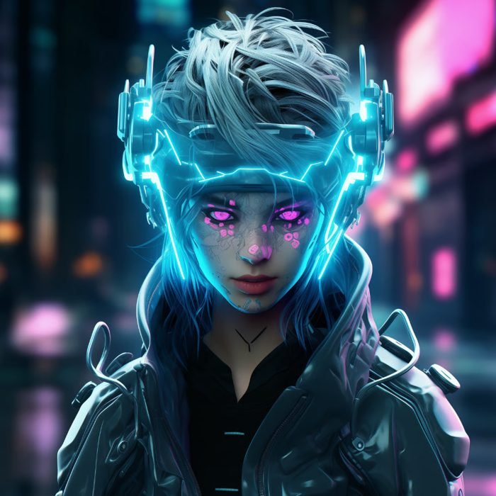 Cyberpunk woman with glowing neon blue headgear and futuristic makeup, standing in a city at night with neon lights