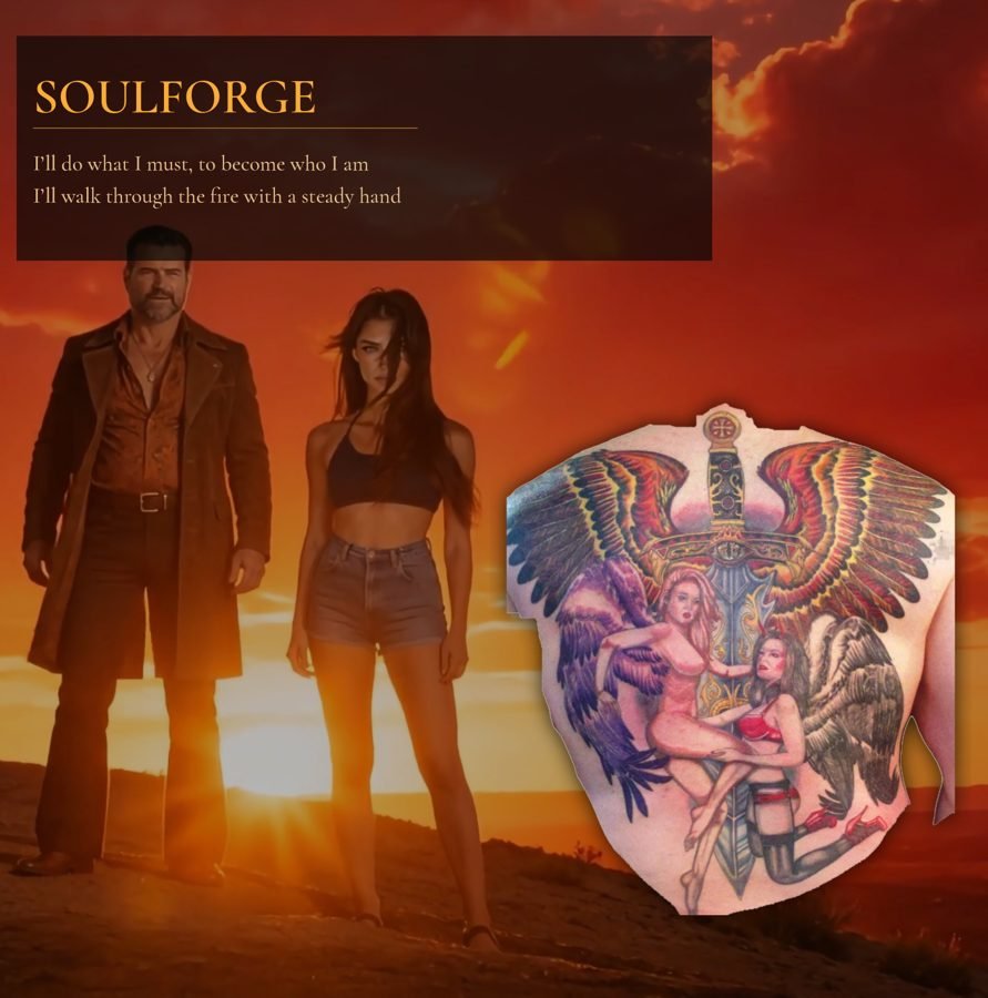 Sunset background with two characters, a man in a trench coat and a woman in casual clothes, standing on a hill. To the right, there is a tattooed back of a person with colorful fantasy-style artwork including angels, wings, and a sword.