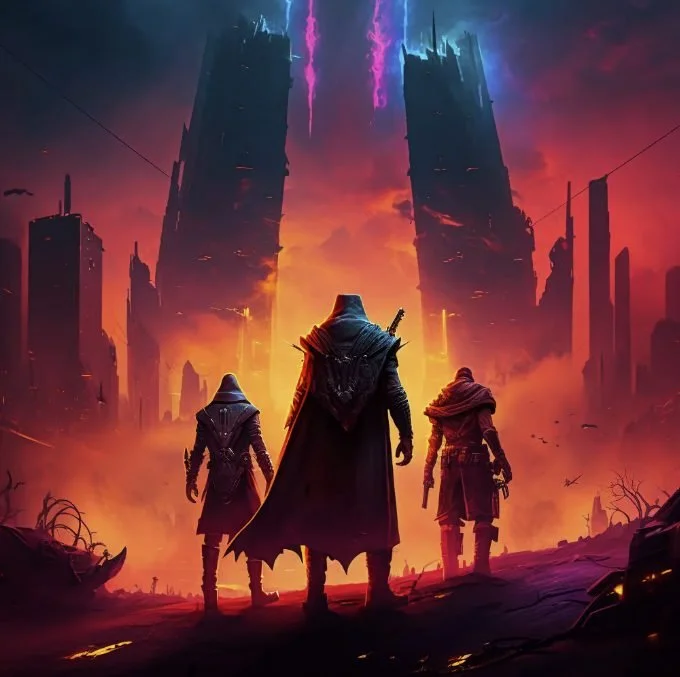 Three figures in dark cloaks standing in a post-apocalyptic cityscape with ruined skyscrapers. The sky is fiery orange and purple with lightning, creating a dramatic, dystopian atmosphere.