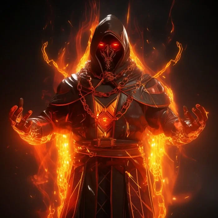 A dark, hooded figure with glowing red eyes and a skull-like mask in a fiery, glowing environment, dressed in black with chains and fiery effects around.