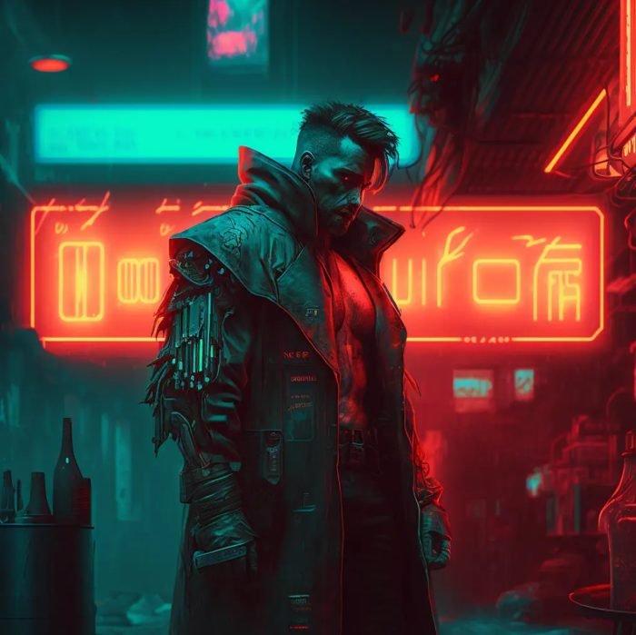 A cyberpunk-style man with a mohawk hairstyle in a dimly lit neon-lit bar or restaurant, wearing a dark, futuristic coat with shoulder armor, illuminated by red and blue neon lights.