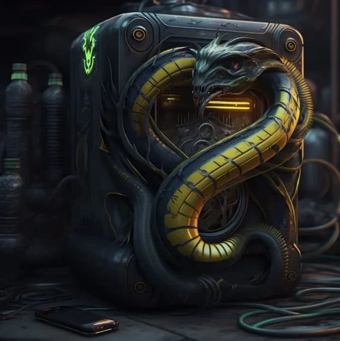 A futuristic machine with a dragon-like head and yellow-tinted snake body, featuring a glowing yellow stripe, in a dark, high-tech environment with wires and containers.