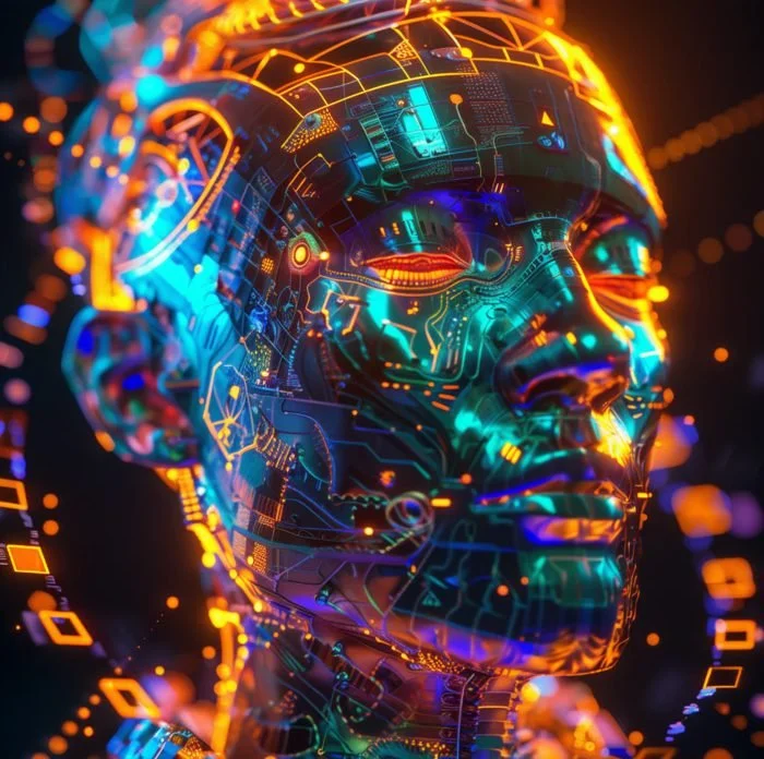 Futuristic digital human face with neon lights and circuitry, symbolizing artificial intelligence or advanced technology.