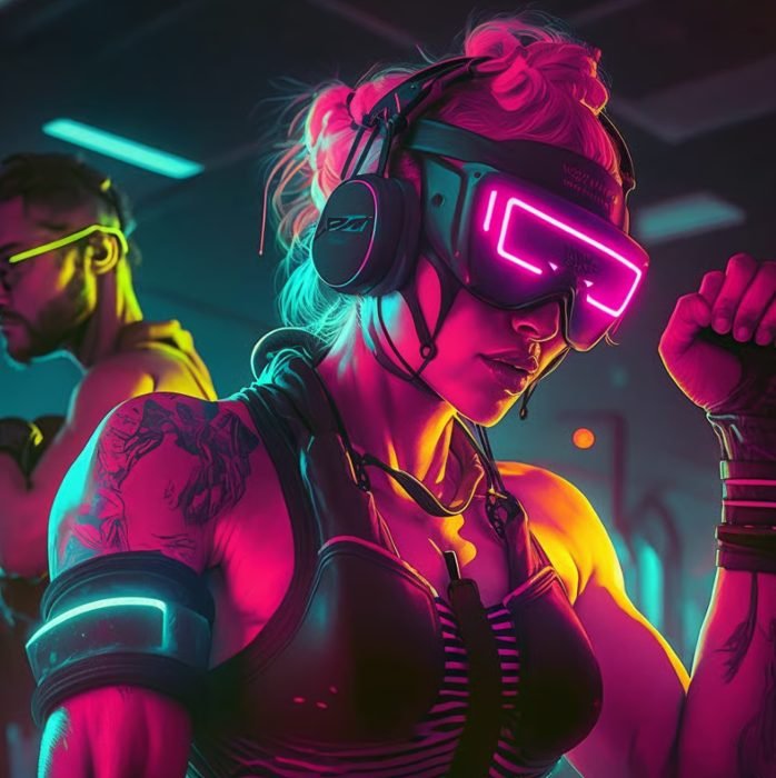 A woman with pink hair in a messy bun, wearing a virtual reality headset with glowing pink neon lights, muscle shirt, and headphones, in a futuristic setting with colorful neon lighting.