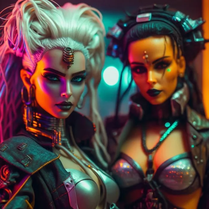 Two women dressed in futuristic cyberpunk style costumes with metallic makeup and accessories, illuminated by neon lighting.