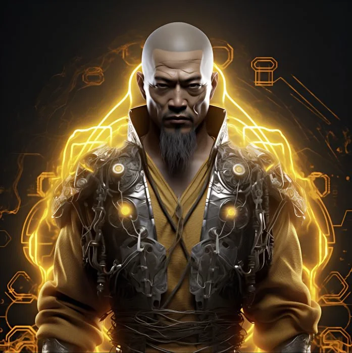 A futuristic warrior with a bald head and goatee, wearing advanced armor with glowing yellow lights, set against a dark background with digital lines and glowing elements.