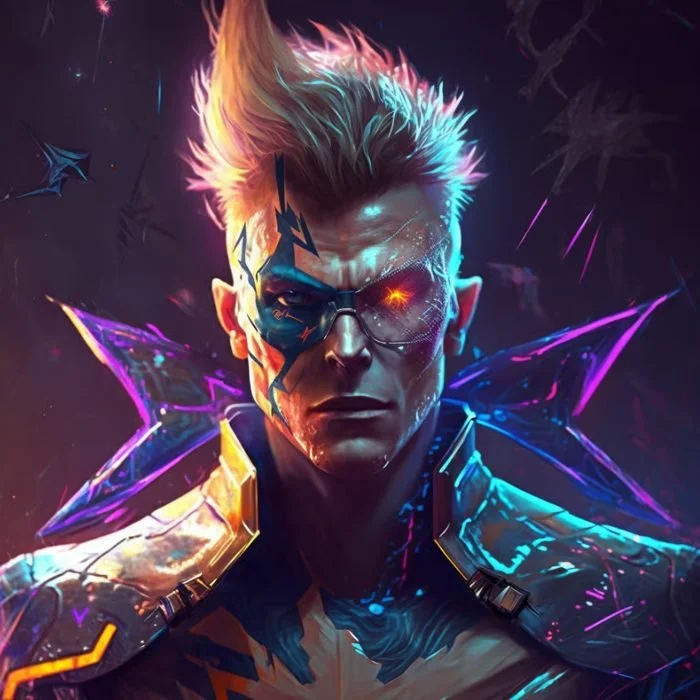 A futuristic, cyberpunk style portrait of a young man with spiked, colorful hair and a half-gear, glowing eye, wearing a high-tech jacket with glowing accents and a glowing neon background.