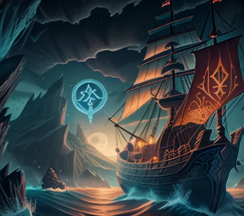 A sailing ship with a red sail approaching rocky shores at sunset or sunrise.