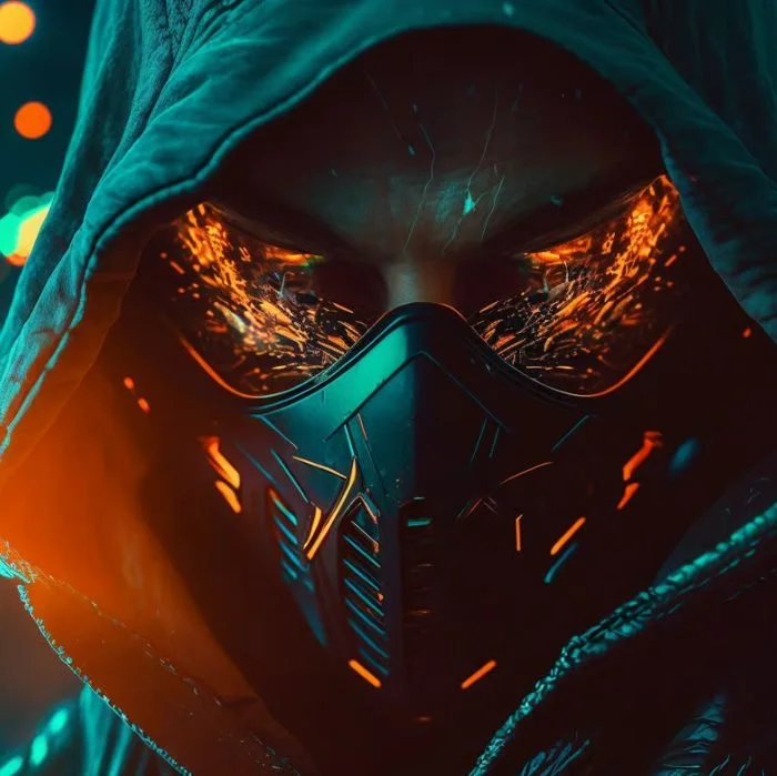 Close-up of a person wearing futuristic, glowing glasses and a mask, with a hoodie, illuminated by blue and orange neon lights.