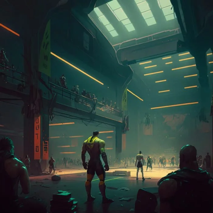 Inside a futuristic, dark indoor sports arena filled with humanoid robot or cyborg athletes and spectators watching from elevated platforms.