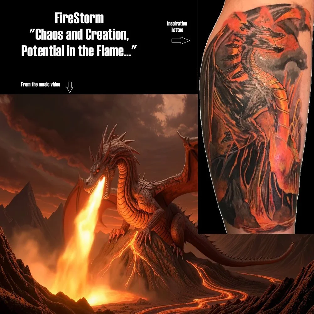 A fiery dragon breathing fire in a volcanic landscape with mountains and dark clouds, accompanied by an inset of a tattoo depicting a similar dragon.