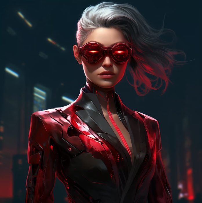 A woman in a futuristic red and black outfit with red goggles and silver hair blown to the side, set against a dark cityscape background with neon lights.