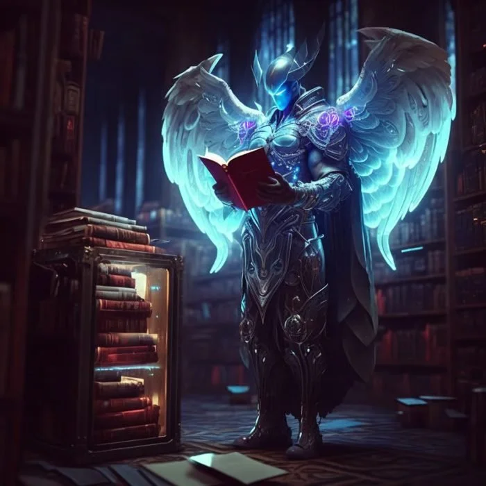 A fantasy angelic figure with glowing blue eyes, large illuminated wings, and elaborate armor, reading a red book in a dimly lit magical library filled with books.