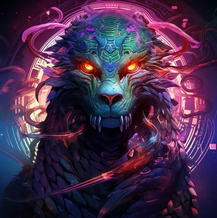 A digital artwork of a mythical creature resembling a dragon or lion with glowing orange eyes, colorful and intricate scales, and surrounded by vibrant, swirling neon lights.