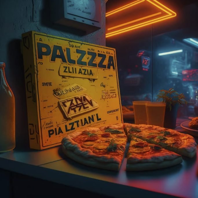 A slice of pizza, a pizza box with 'PALAZZA' on it, a plant in a pot, and a yellow juice bottle on a table in a neon-lit restaurant or pizza shop. Through the window, a city street with neon signs is visible.