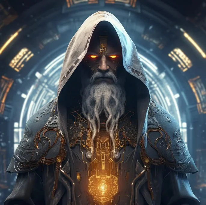 A futuristic sorcerer with glowing orange eyes, wearing a hooded cloak, standing in a high-tech background with glowing circuitry and metallic structures.