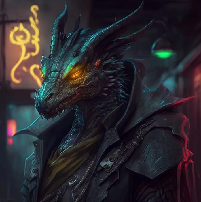 A futuristic humanoid dragon with glowing orange eyes and horns, wearing a black leather jacket, in a cyberpunk setting with neon lights.