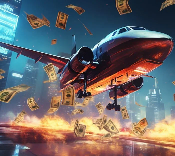 An airplane flying over a city at night with dollar bills flying around and fire on the ground below.