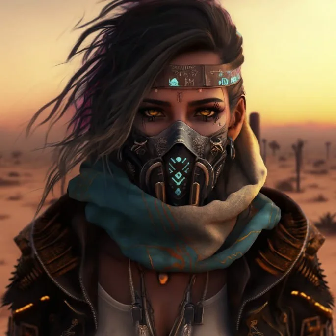 A female character with short, black and gray hair, wearing a high-tech mask and futuristic goggles, standing in a desert landscape at sunset.