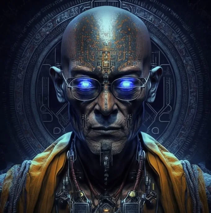 A futuristic cyborg scientist with glowing blue eyes, wearing glasses, a yellow jacket, and advanced technology equipment on neck and chest, with a digital circuit pattern on their head and a circular digital interface in the background.