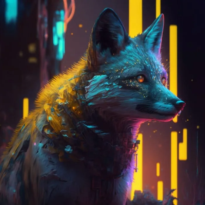 A digital artwork of a fox with a glowing, futuristic background in neon blue and yellow hues.