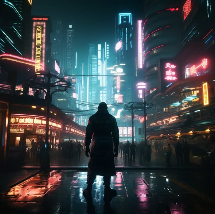 A person standing on a wet city street at night, surrounded by tall buildings with neon lights and signs, creating a cyberpunk atmosphere.