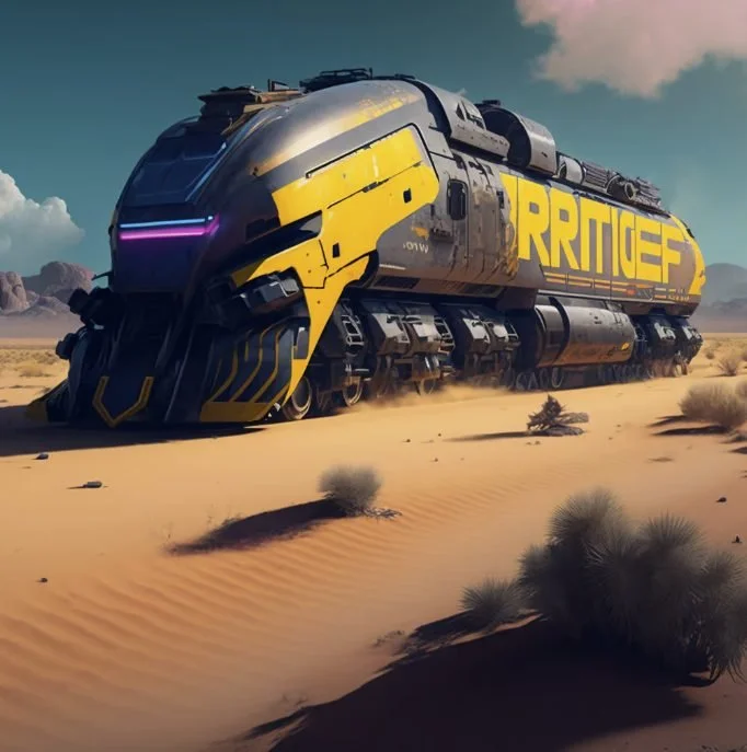 A futuristic, heavily armed yellow and black spaceship resembling a train, labeled 'CORRECTF,' moving through a desert landscape with sand dunes and sparse bushes under a partly cloudy sky.