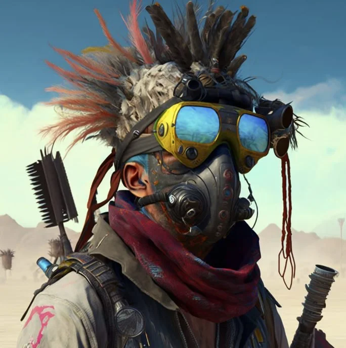 Post-apocalyptic soldier with a mohawk hairstyle wearing a gas mask and goggles, carrying a weapon in a desert landscape.