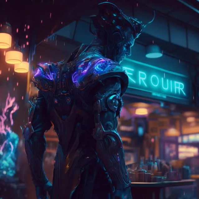A futuristic synthetic human standing inside a neon-lit establishment with a sign reading 'EQUIP' in the background.
