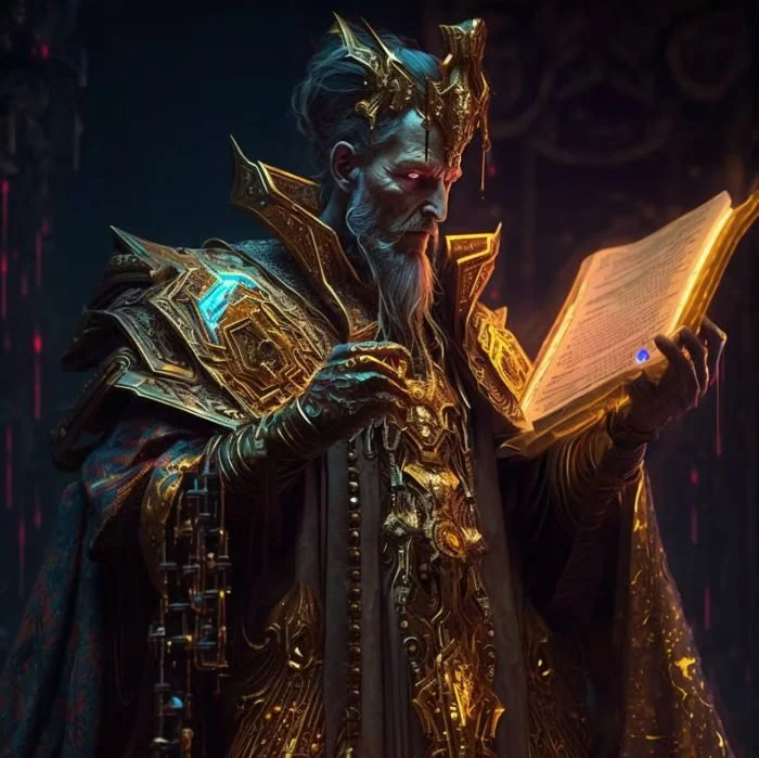 A fantasy character with intricate gold armor and a glowing book, wearing a crown and dark cloak in a mystical setting.