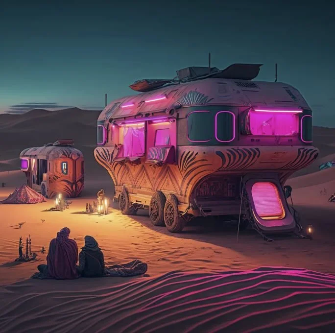 Two people sitting on desert sand next to neon-lit futuristic caravans with pink and purple lighting, under a dark evening sky.