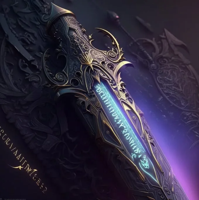 A detailed, ornate fantasy sword with glowing runes on the blade, surrounded by dark, intricate designs and symbols.